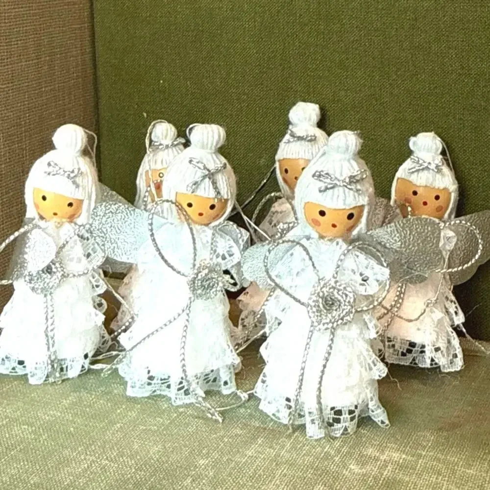 Vintage Angel Ornaments • Set of 6 • Silver Wings & Roses • 2.75”